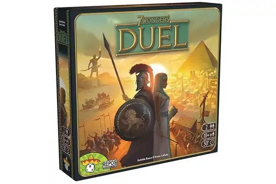 Pudełko gry planszowej „7 Wonders Duel” z wizerunkiem rzymskiego wojownika i egipskiej królowej na tle piramid