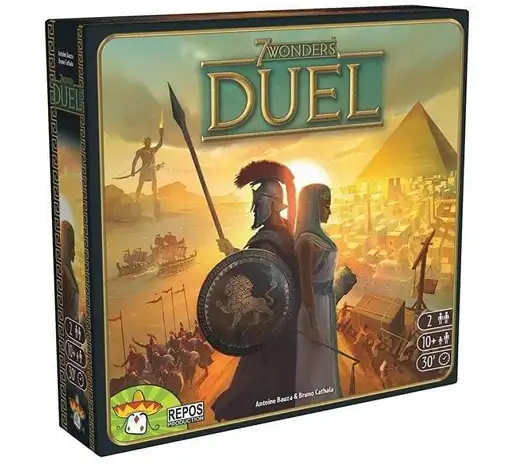 Pudełko gry planszowej „7 Wonders Duel” z wizerunkiem rzymskiego wojownika i egipskiej królowej na tle piramid