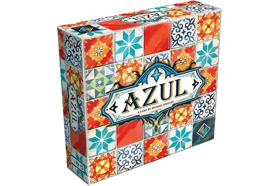 Pudełko gry planszowej „Azul”, ozdobione motywem kolorowych portugalskich płytek azulejo