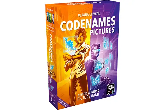Pudełko gry planszowej „Codenames Pictures” w odcieniach pomarańczowego i fioletowego, z sylwetkami szpiegów i neonowymi ilustracjami