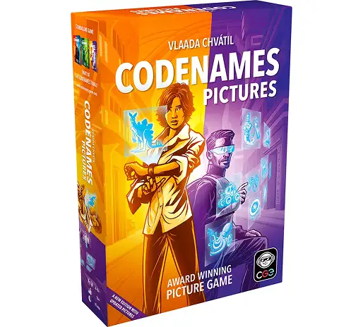 Pudełko gry planszowej „Codenames Pictures” w odcieniach pomarańczowego i fioletowego, z sylwetkami szpiegów i neonowymi ilustracjami
