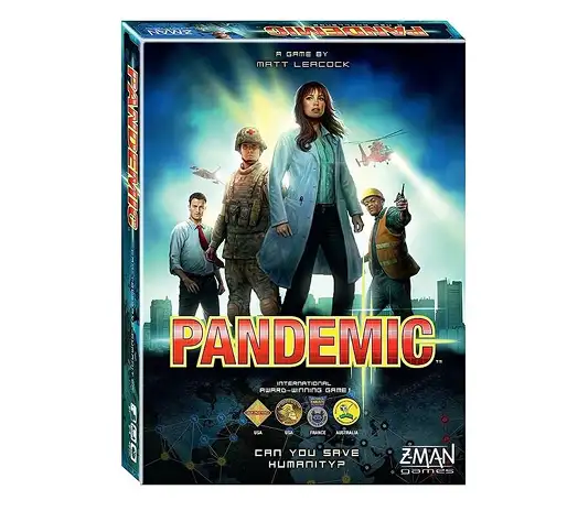 Pudełko gry planszowej „Pandemic” z wizerunkiem czterech specjalistów ds. zwalczania wirusów na tle mapy świata